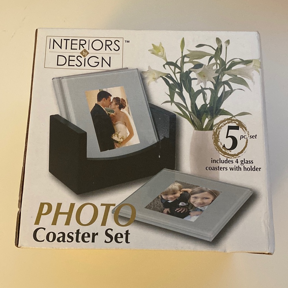 Glass Photo Coaster Set with Holder 5pc Set New!
